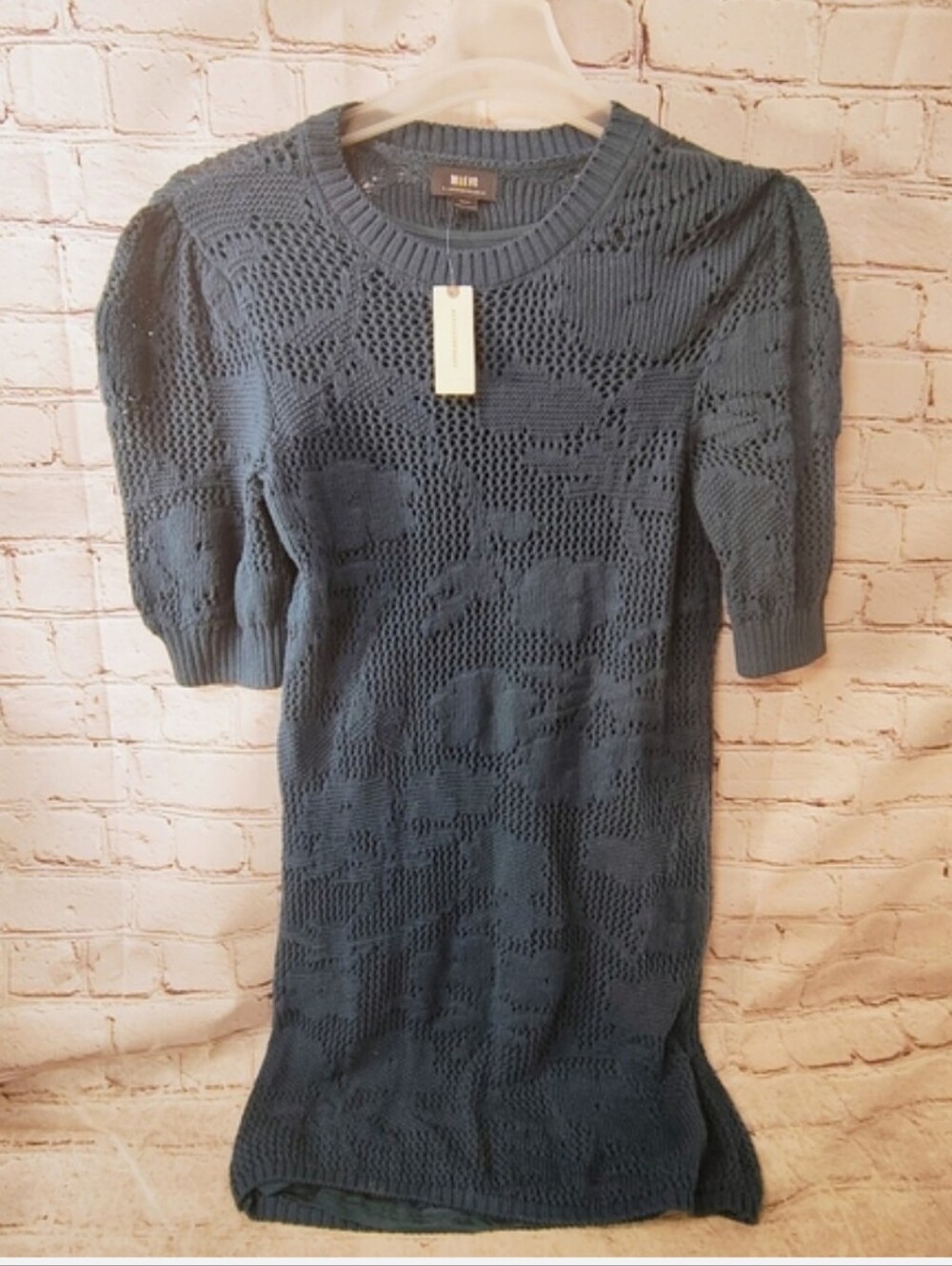 Maeve Anthropologie Midi Teal Sweater Dress Pointelle Floral Knit M NWT